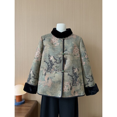 新中式风立领盘扣花卉印花外套女中老年妈妈装加厚保暖洋气上衣