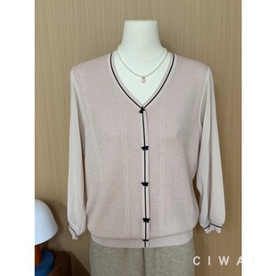 春夏洋气休闲时尚 妈妈装 针织上衣 V领蝴蝶结小扣纱袖 中老年女装