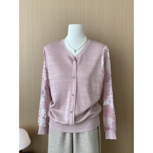 V领针织衫 刺绣纱袖 女中老年洋气减龄气质上衣 妈妈装 2026春夏新款