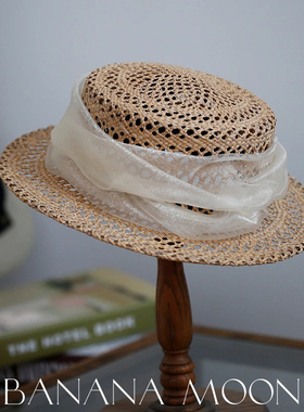 强推Vtg法式仙气草编帽天然草镂空编织手作JIN口网纱复古平沿礼帽