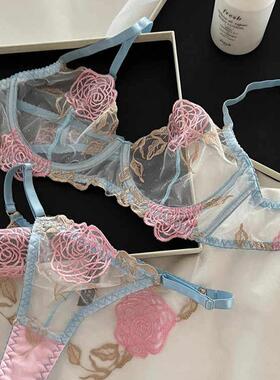 法式浪漫文胸美式有钢圈蕾丝性感透明套装胸罩大胸显小内衣超薄款