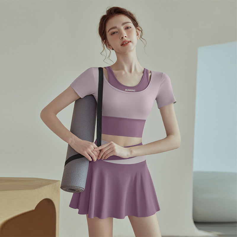 夏季套装拼色女跑步健身透气速干侧口袋防走光假两件瑜伽运动短裤