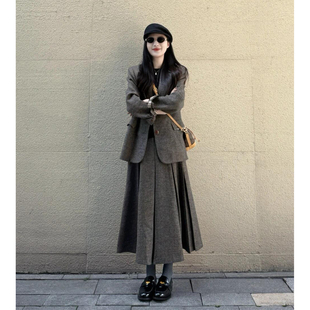 高智感老钱风大方得体穿搭一整套秋冬复古西装 毛呢外套半裙两件套