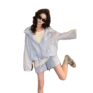 欧货休闲运动套装女夏季小个子宽松炸街薄款防晒衣短裤两件套洋气