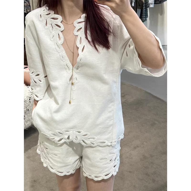 白色亚麻套装女夏季小香风高级感时尚气质休闲镂空上衣短裤两件套,女装/女士精品,休闲运动套装,淘宝优惠券,粉丝福利购,淘宝优惠卷