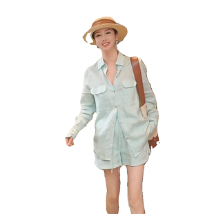 松弛感亚麻衬衫套装女夏季时尚休闲高级感防晒麻棉衬衫短裤两件套