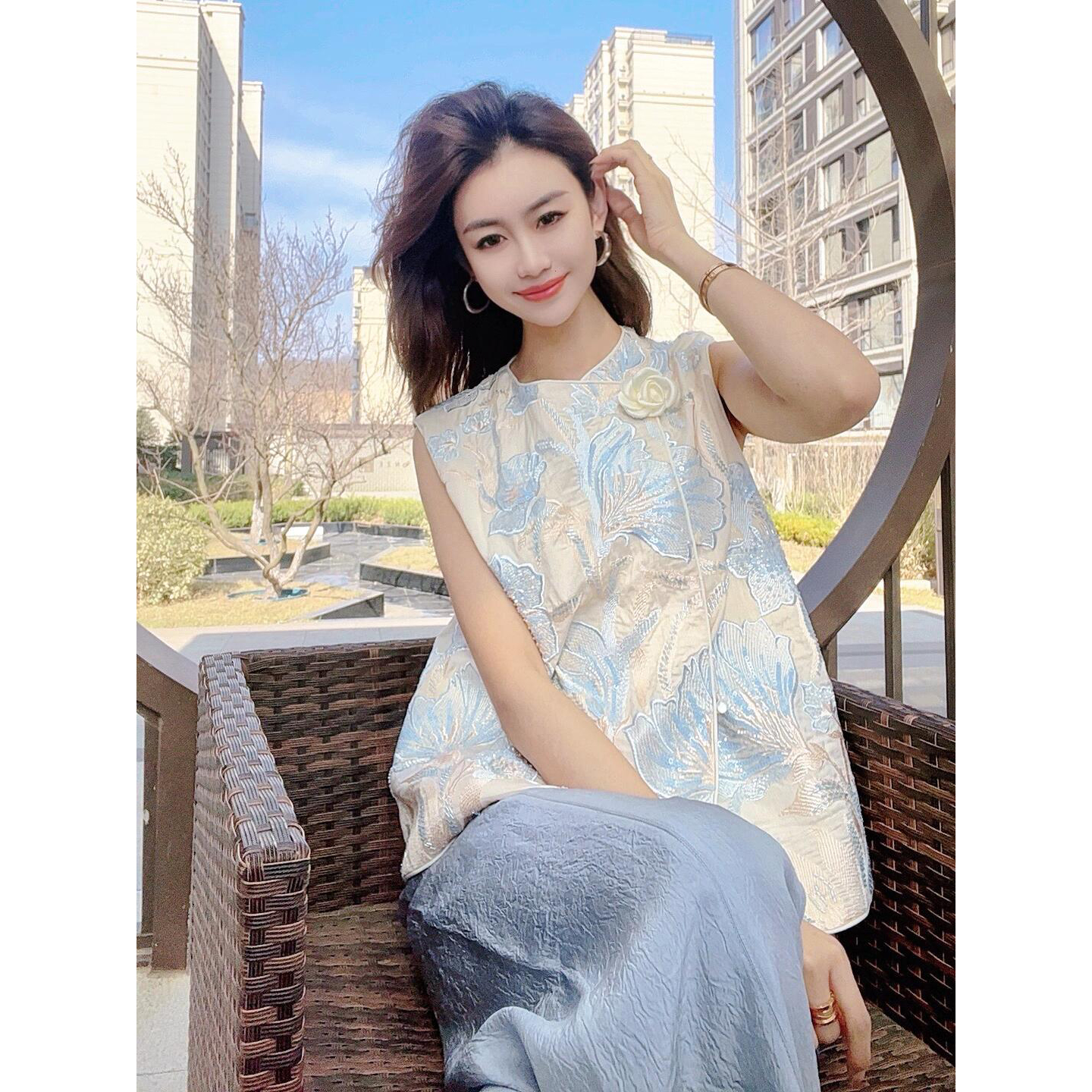 新中式国风提花刺绣马甲阔腿长裤