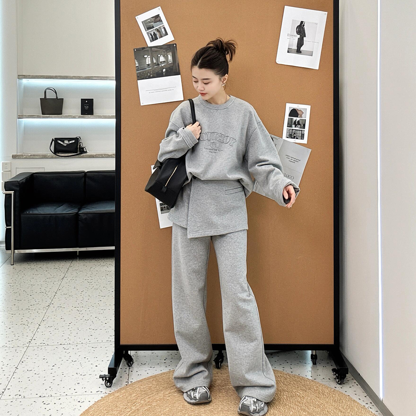 秋冬新款设计感字母加绒卫衣套装