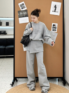 高级感运动套装女秋冬韩系减龄慵懒风休闲时尚灰色加绒卫衣两件套