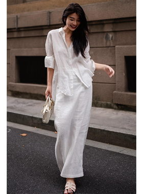 法式高端亚麻衬衫套装女春秋慵懒风百搭简约白色衬衣半身裙两件套