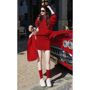 韩系穿搭一整套冬装绝美巨好看红色毛衣假两件高级感显瘦短裙套装
