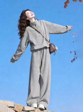 高级感加绒加厚运动套装女秋冬韩系慵懒休闲卫衣灰色阔腿裤两件套