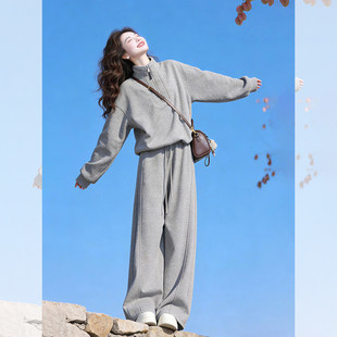 高级感加绒加厚运动套装女秋冬韩系慵懒休闲卫衣灰色阔腿裤两件套