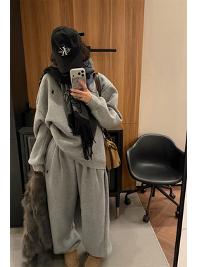 高级感秋冬加绒加厚卫衣套装女休闲韩系慵懒风灰色运动服两件套潮