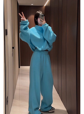 加绒加厚卫衣套装女秋冬韩系减龄高级感蓝色运动服两件套小香风潮