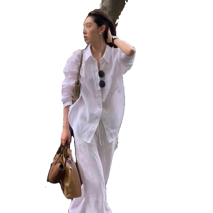 高端女麻棉套装女2025春秋新款气质老钱风减龄白色衬衫裤子两件套