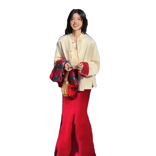 春季新中式国风高级感白色印花唐装外套丝绒红色鱼尾裙两件套装女
