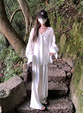 白色亚麻衬衫套装女夏季松弛感慵懒风气质减龄防晒衣阔腿裤两件套