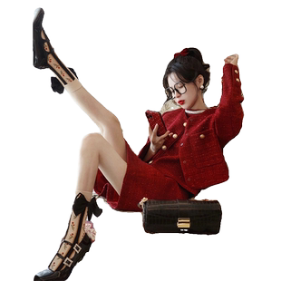 今年流行超好看韩剧富家千金小香风圣诞过年红色外套两件套装裙冬