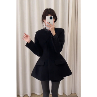 韩系复古短款毛呢外套女秋冬小个子夹棉加厚气质收腰西装呢子大衣