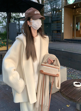 富家千金冬装超好看白色连帽双面羊绒短款大衣韩系高级感毛呢外套