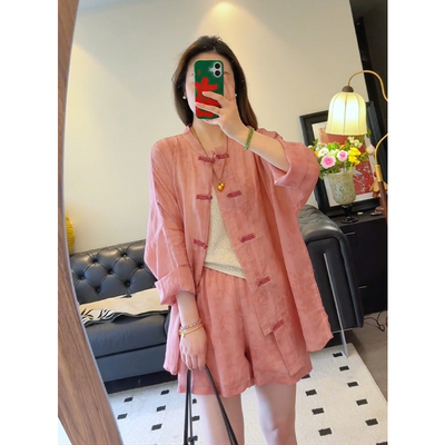 新中式国风粉色盘扣防晒衬衫短裤