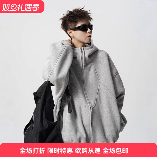 美式重磅解构连帽外套男冬季潮牌设计感拼接卫衣高街痞帅情侣帽衫