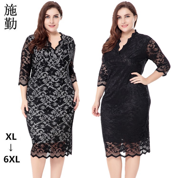 欧美加大码加肥胖人服饰胖mm妹妹秋装女 V领蕾丝显瘦中长款连衣裙