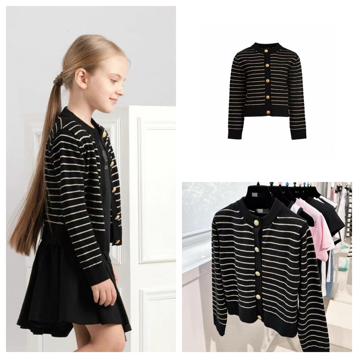 B*LM 女童 条纹金扣开衫针织衫