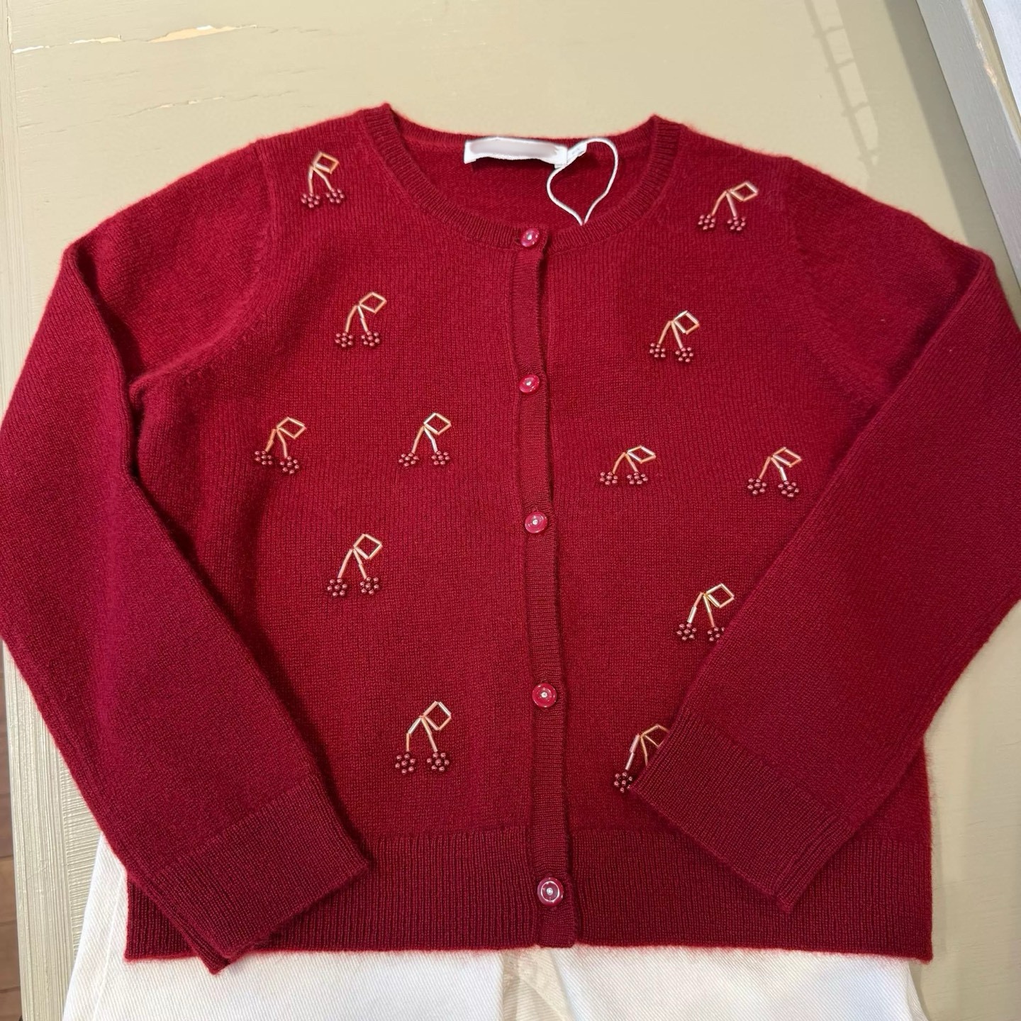 B*P 25新款 女童 酒红色纯羊毛钉珠毛衣开衫