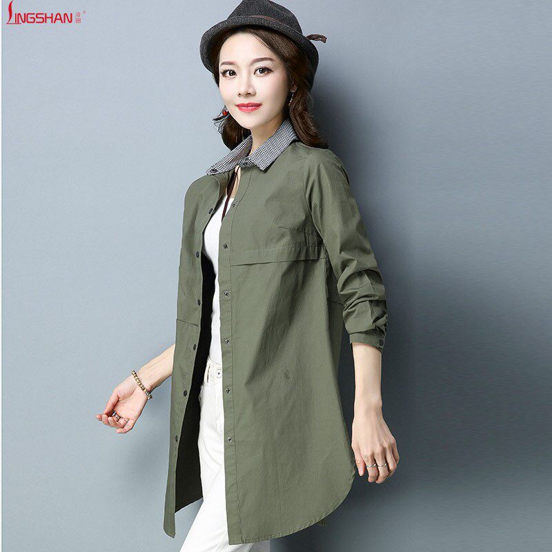 長袖襯衫女純棉文藝中長款上衣2018春秋新款百搭修身休閑韓版襯衣在類目 女裝/女士精品, 襯衫中 - 來自Buy2taobao.com提供專業的淘寶代購服務