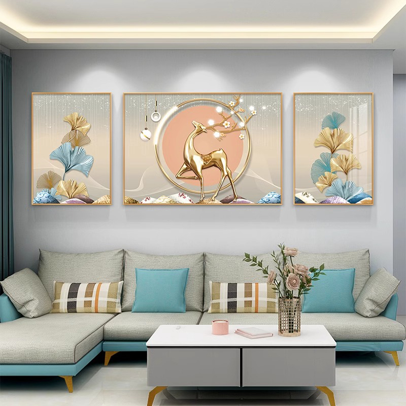 客厅装饰画沙发背景墙抽象挂画现代简约大气鹿壁画轻奢镶钻晶瓷画图片