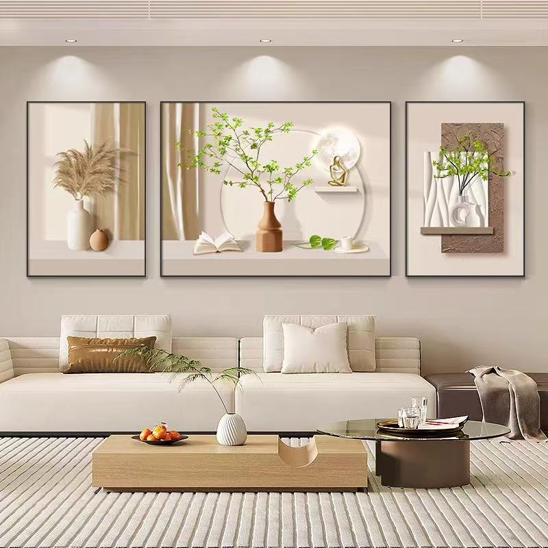现代简约客厅装饰画植物花卉三联画沙发背景墙挂画高级感有框壁画