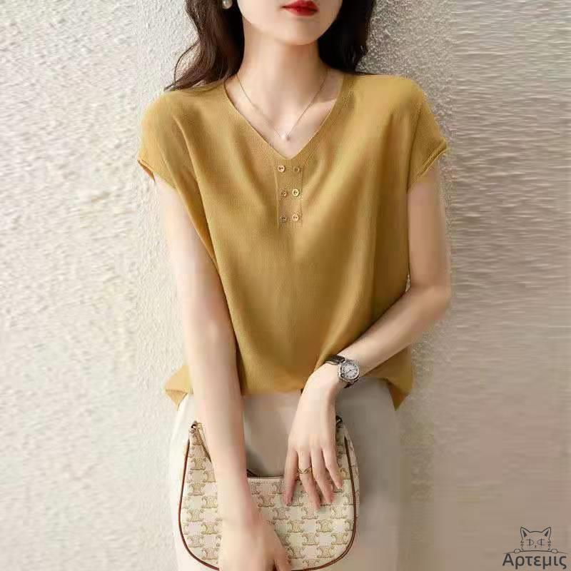 夏季女装V领冰丝短袖T恤针织上衣打底衫Women V-neck T-shirt Top