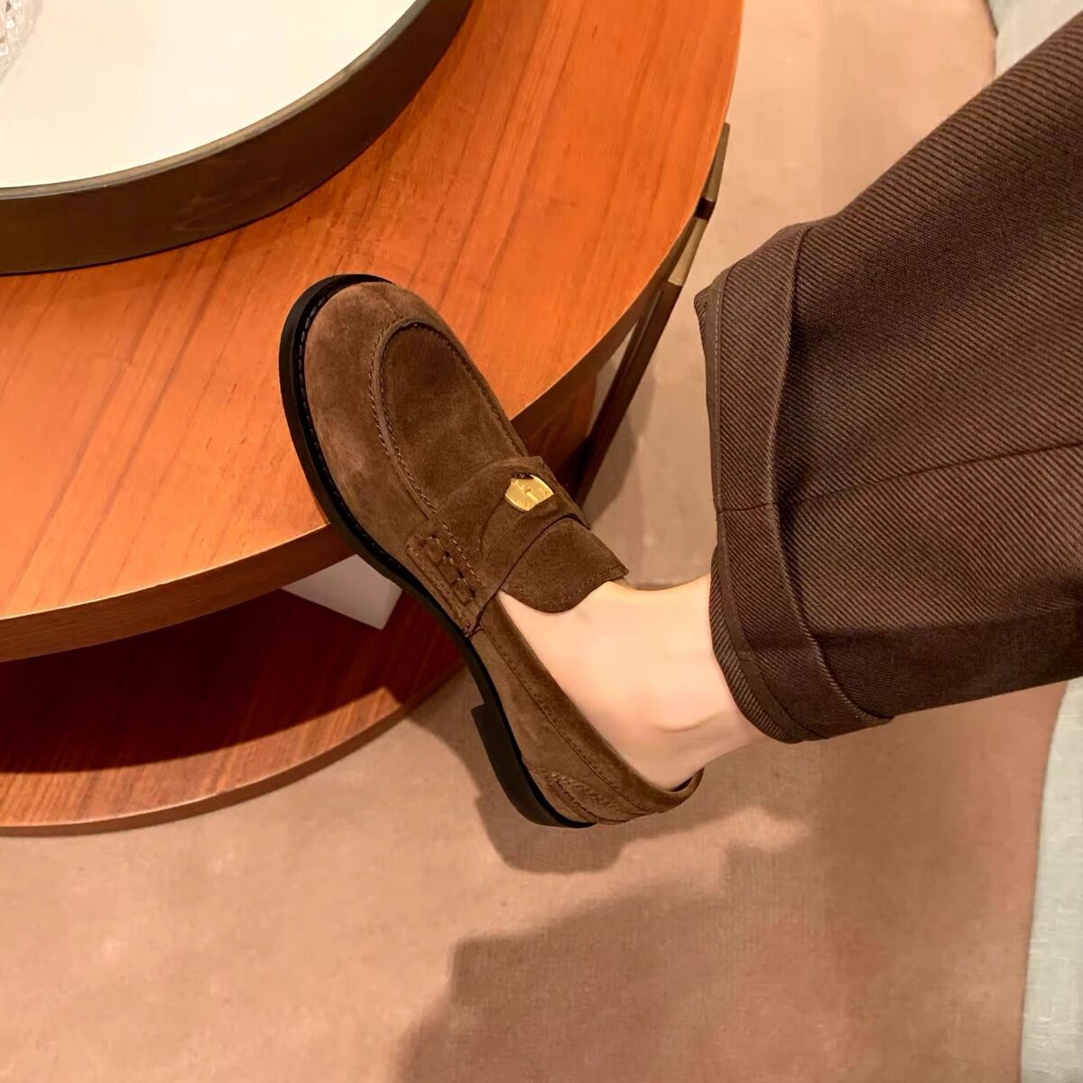 羊皮版~复古圆头小金币懒人英伦风乐福鞋单鞋女秋真皮厚底小皮鞋