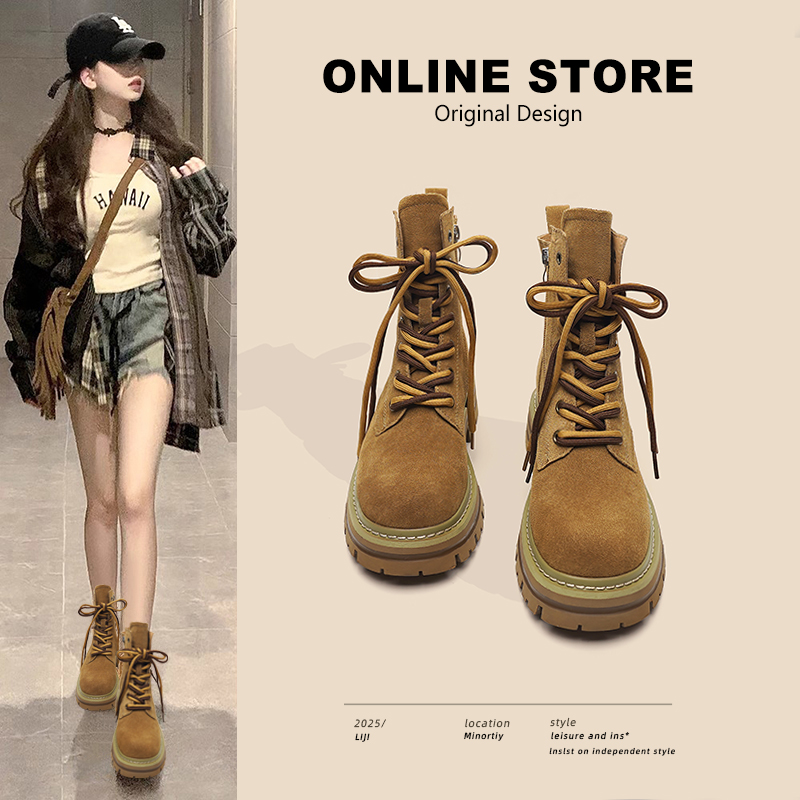 真皮马丁靴女2025年复古秋季棕色工装厚底增高短筒靴子西部牛仔靴