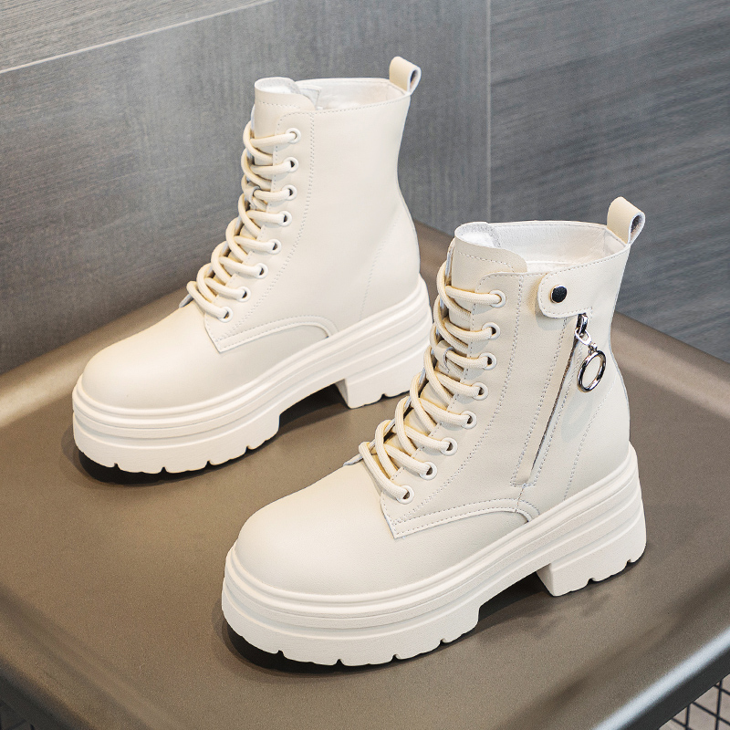 小个子内增高马丁靴女2025新款爆款秋冬季加绒真皮松糕厚底短靴