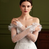 饰品 套装 优雅新娘蕾丝花朵水钻薄款 勾指长手套婚纱礼服遮肉显瘦袖