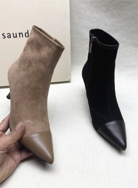 le saunda/莱尔斯丹正品撤柜尖头高跟时装靴女秋冬新款反绒皮短靴