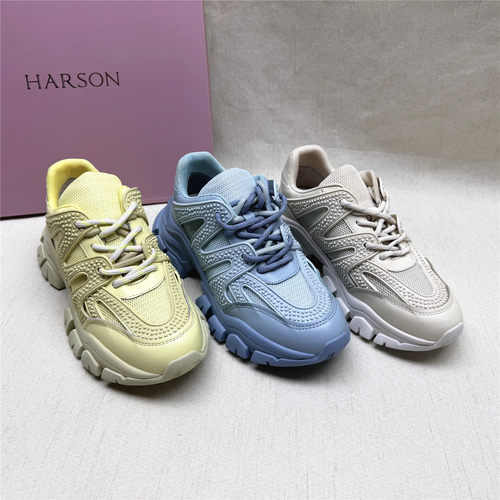 Harson/哈森正品撤柜时尚厚底轻便休闲老爹鞋女新款织物系带单鞋