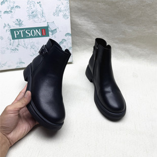 靴女秋冬新款 方跟圆头舒适时装 百田森撤柜正品 真皮短筒靴 SON