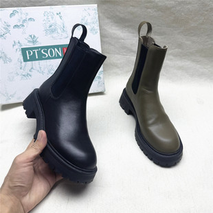 粗跟圆头烟筒靴女秋冬新款 百田森撤柜正品 真皮套筒短靴子 SON