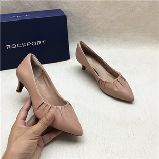 Rockport 女鞋 真皮尖头猫跟一脚蹬通勤褶皱浅口单鞋 乐步撤柜正品