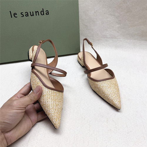 le saunda/莱尔斯丹5M撤柜时尚尖头低跟时装女鞋新款织物包头凉鞋