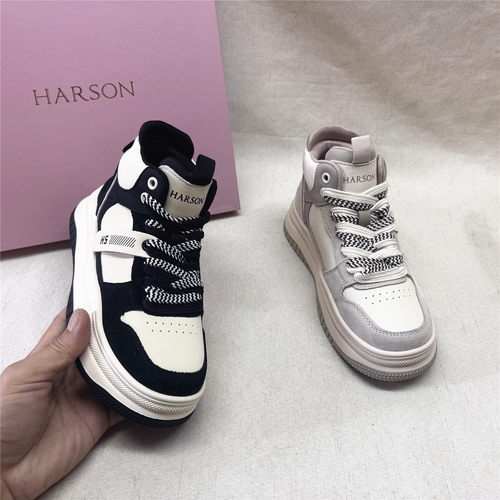 Harson/哈森正品撤柜厚底舒适休闲高帮鞋女秋新款复合磨砂皮单鞋