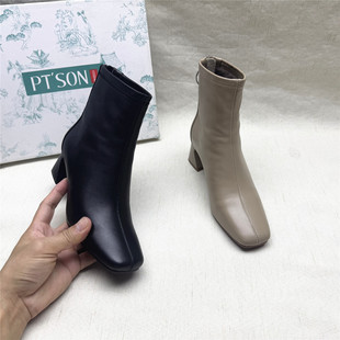 靴女秋冬新款 撤柜粗跟方头时装 百田森正品 真皮加绒短筒靴 SON