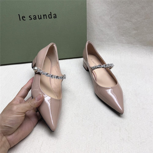 le saunda/莱尔斯丹正品尖头粗跟玛丽珍女鞋新款牛皮水钻浅口单鞋