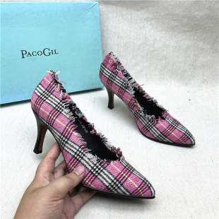 尖头浅口格纹细跟气质套脚女单鞋 时尚 子 GIL帕克吉尔撤柜正品 PACO