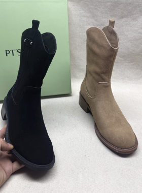 PT'SON/百田森撤柜粗跟圆头时装靴女新款磨砂牛皮后拉链短靴