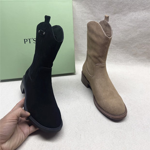 PT'SON/百田森撤柜粗跟圆头时装靴女新款磨砂牛皮后拉链短靴